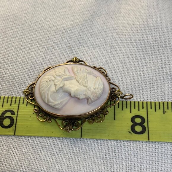 14KY Gold Victorian Shell Cameo Pendant w/ Scroll Filigree Frame 1.75 x 1.25" - Picture 9 of 10